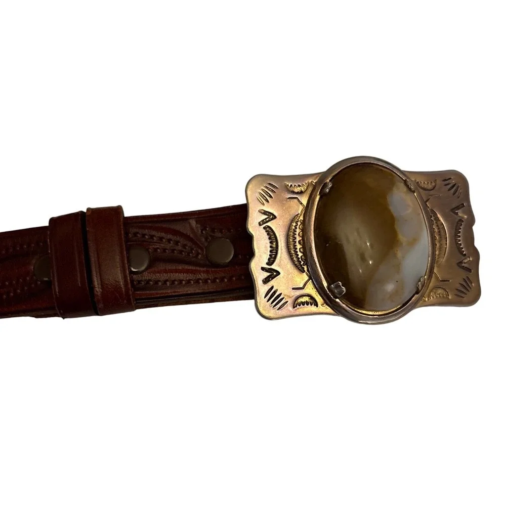Vintage Handmade Tex Tan Leather‎ Belt Western Style Stone Buckle Brown Size 38